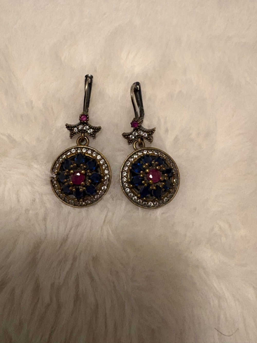 Vintage-Style Blue and Pink Crystal Drop Earrings Turkish style